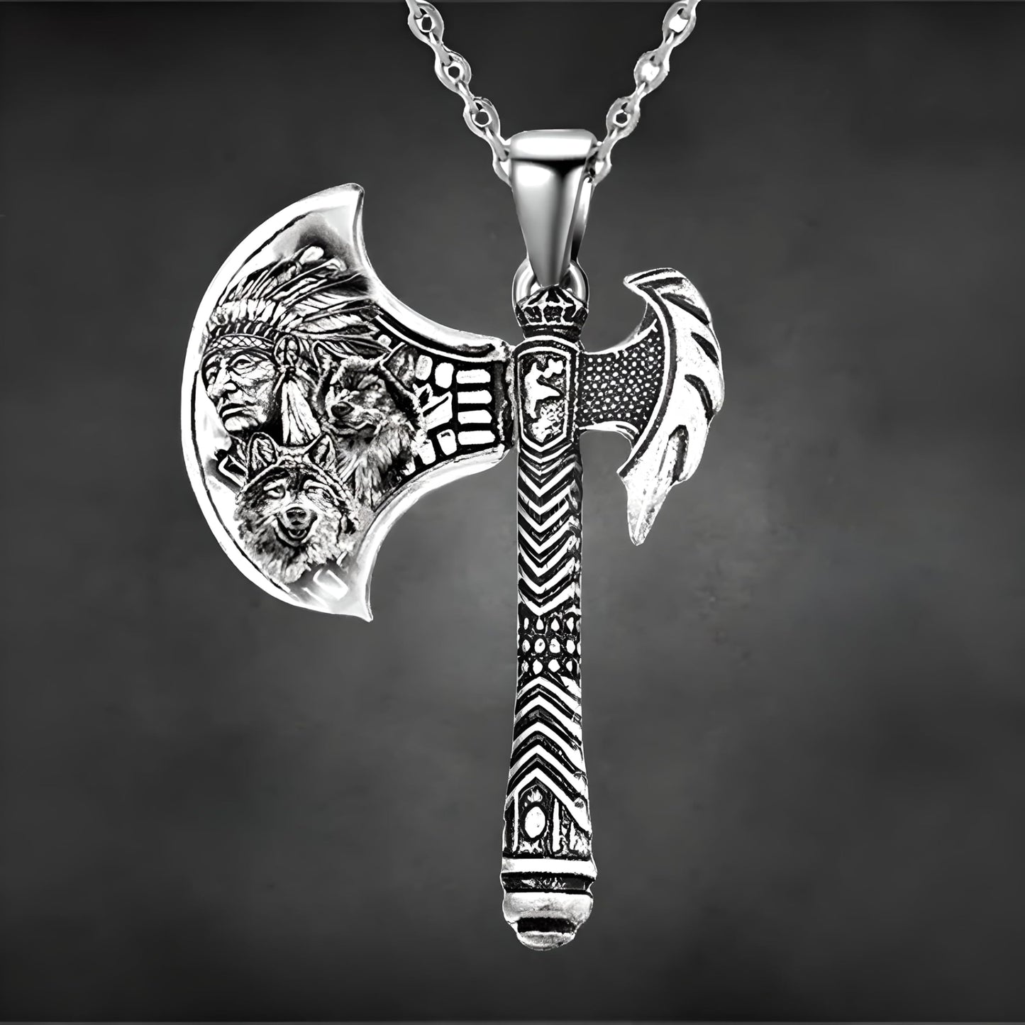 Indian Axe Pendant Necklace, Native American Wolf Design, Stainless Steel Chain