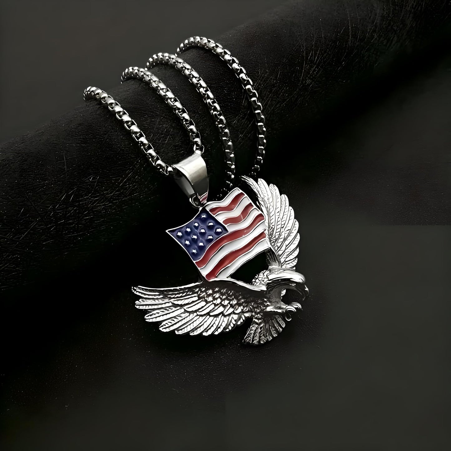 Mens Majestic Silver Eagle with American Flag Pendant Necklace - A Bold Hip Hop Jewelry Statement, Symbol of Freedom and Unmatched Style