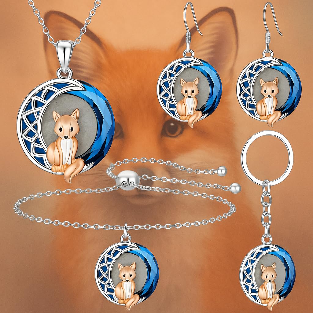 SUPAC Fox Pendant Jewelry Set, Silver Chain Necklace and Earrings, Blue Crystal Moon Design - Fox Jewelry Gift