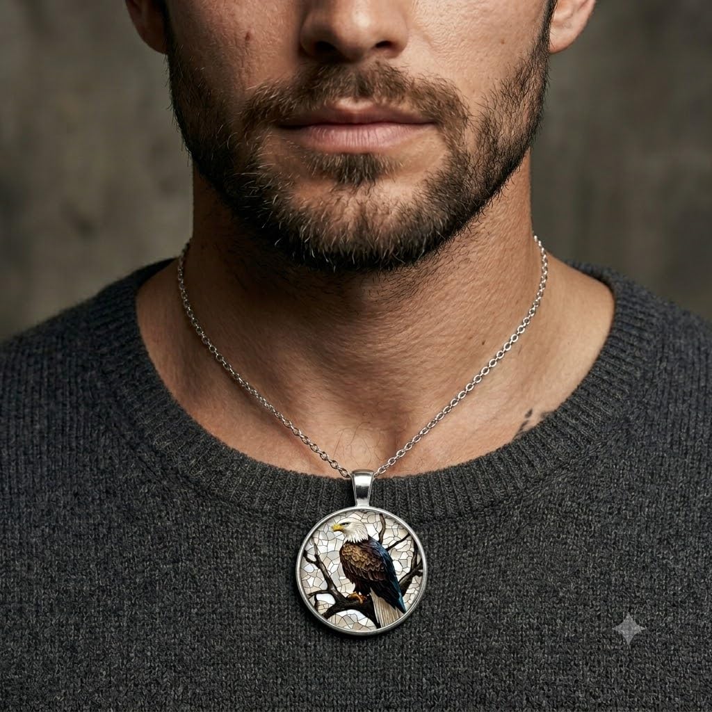 SUPAC Bald Eagle Glass Pendant Necklace, 1.38 inch Oval Medallion, 17.7 inch Chain - Eagle Necklace Gift