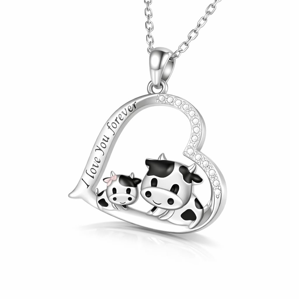 Blue Heart Shaped Mother and her Calf Cow Pendant Necklace for Women - Mother's Day Gift, Christmas, or Birthday Gift