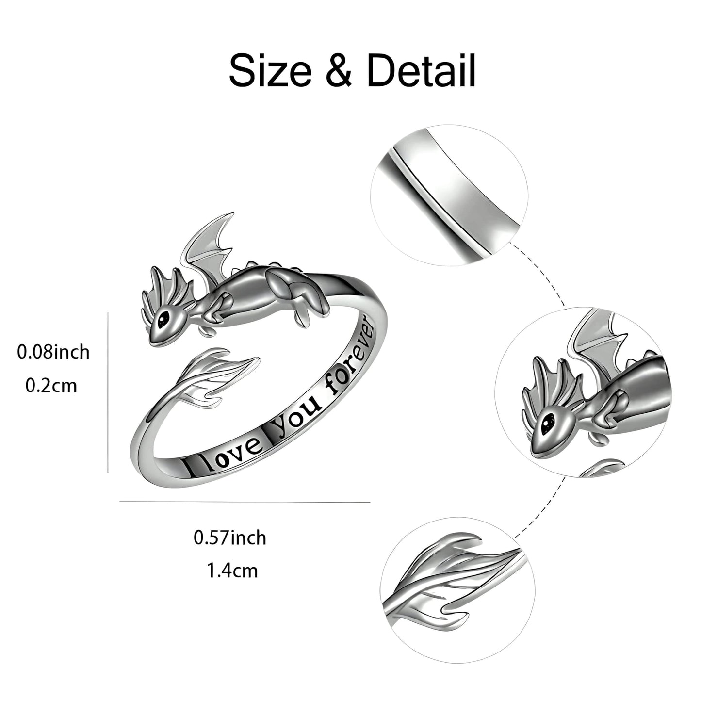 SUPAC Whimsical Silver Flying Dragon Ring - Unique Animal Shape Design, Adjustable Index Finger Ring for Men or Women, Cute Personality Statement Jewelry, Niche Fashion Accessory