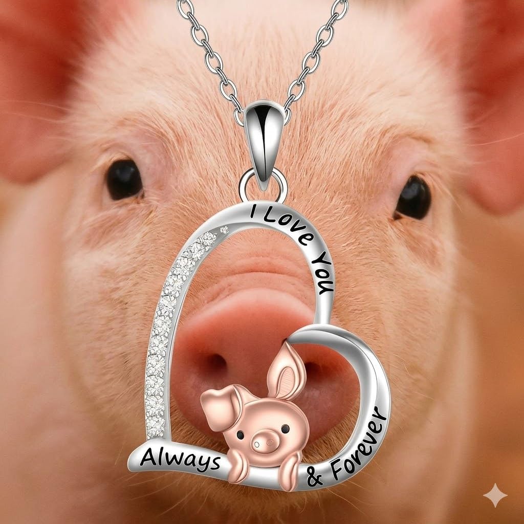 SUPAC Crystal Heart Pendant Necklace with Rose Gold Pig Design, Stainless Steel Chain, I Love You Always & Forever Message, CZ Diamonds, 17.5 Inch