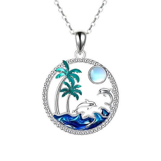 Tropical Beach Scene Pendant Necklace, Silver Chain with Dolphins and Palm Trees, Blue Ocean Wave Design, 17.7 + 2 Inch