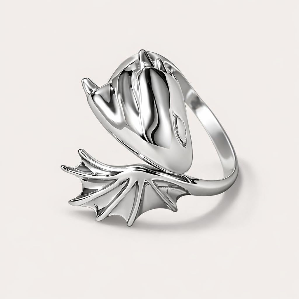 SUPAC Whimsical Silver Flying Dragon Ring - Unique Animal Shape Design, Adjustable Index Finger Ring for Men or Women, Cute Personality Statement Jewelry, Niche Fashion Accessory