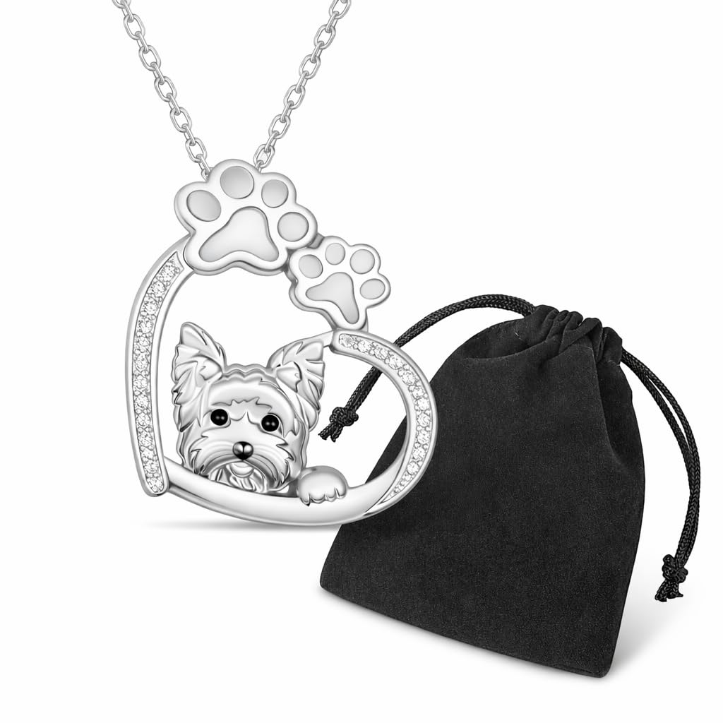 SUPAC Yorkie Dog Necklace with Heart and Paw Print Design, Silver Stainless Steel with Cubic Zirconia, 17.7 Inch Chain