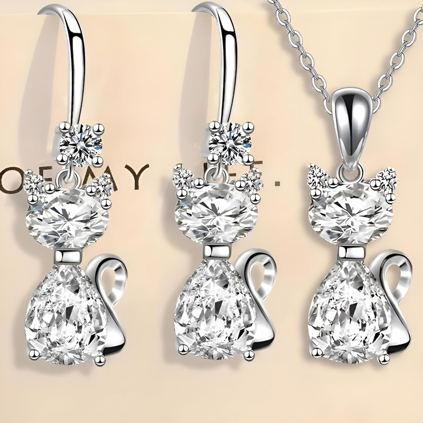 SUPAC Pink and Purple Cat Jewelry Set, Rose Gold Plated Crystal Necklace Earrings Ring, Gift for Cat Enthusiasts 6 Color Variations