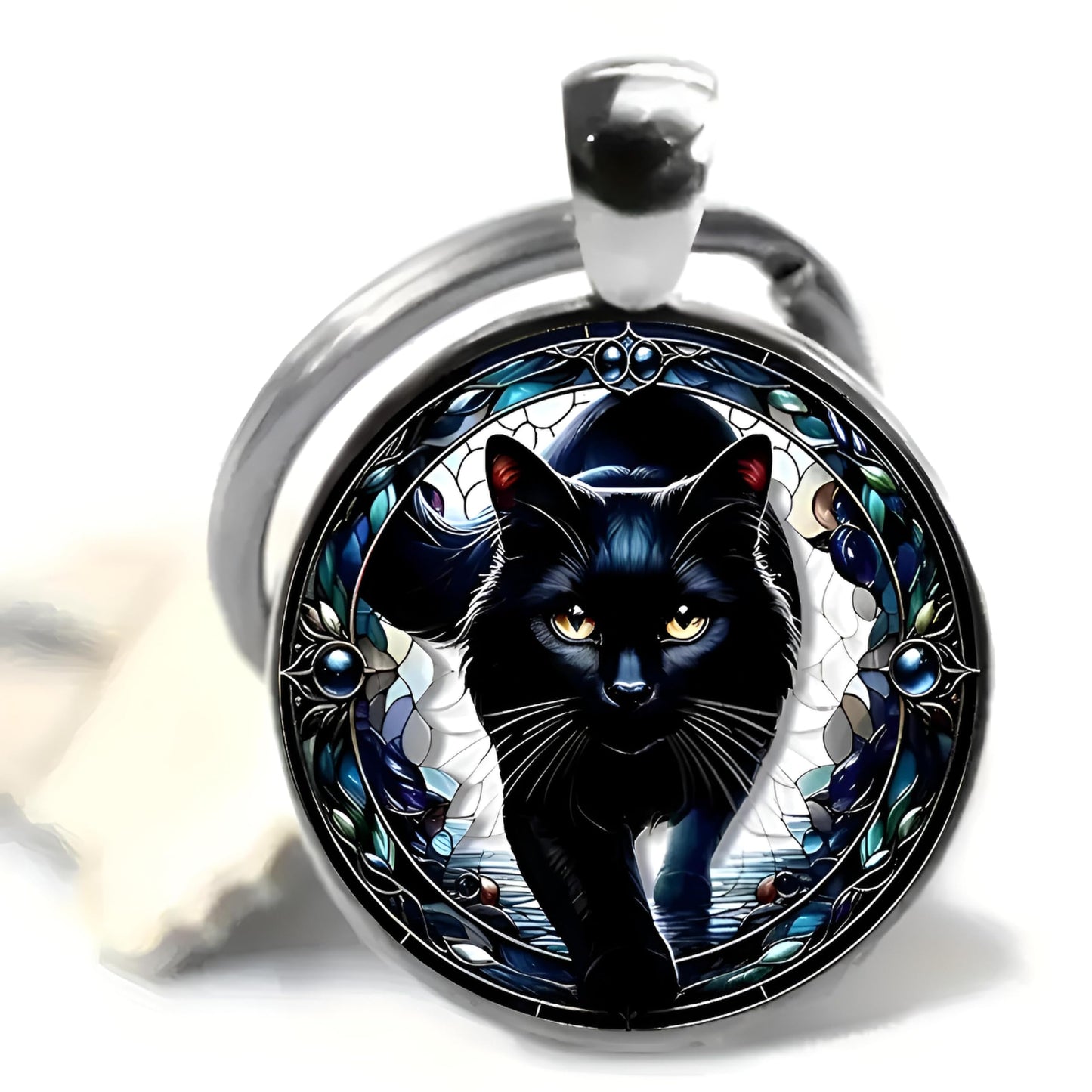 SUPAC Mystic Cat Art Glass Pendant Keychain, Double-Sided Round Design, Floral Pattern, Silver Keyring, Black Brown Kitten