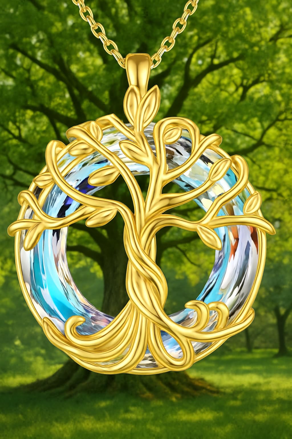 SUPAC Tree of Life Swing, Sloth, Horse + Other Styles Pendant Necklace, Silver Chain, Crystal Rainbow Background - Gift for Friends (Gold Tree of Life)