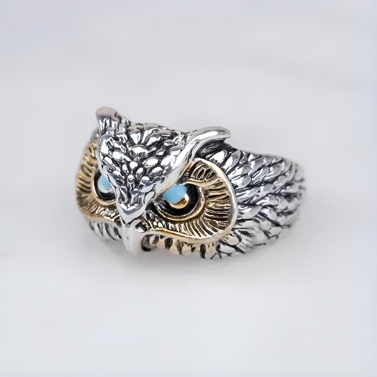 SUPAC Vintage Owl Ring with Turquoise Eyes, Two-Tone Silver and Gold Finish, Detailed Feather Design, Adjustable Size