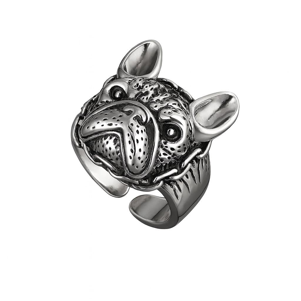 Adjustable Silver Bull Dog Ring, Stainless Steel - Bulldog Jewelry Gift , Fashion Jewelry