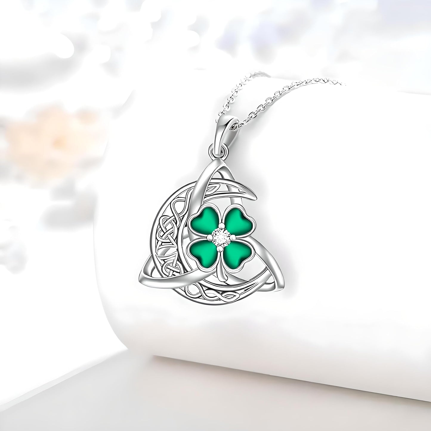 Celtic Trinity Knot Four Leaf Clover Necklace, Sterling Silver, Green Enamel