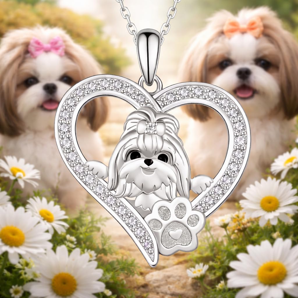 SUPAC Dog Breeds Necklace, German Shepherd, Labrador Retriever, Heart Pendant Necklace, Black and Gold, Crystal Paw Print Design, Dog Lovers Gift
