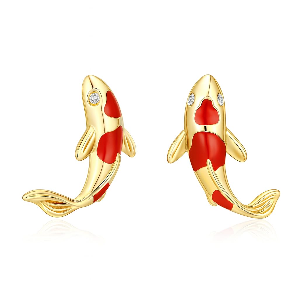 Stainless Steel Koi Fish Ring and Earrings Set with Red Enamel, Japanese Style - Koi Fish Jewelry Gift