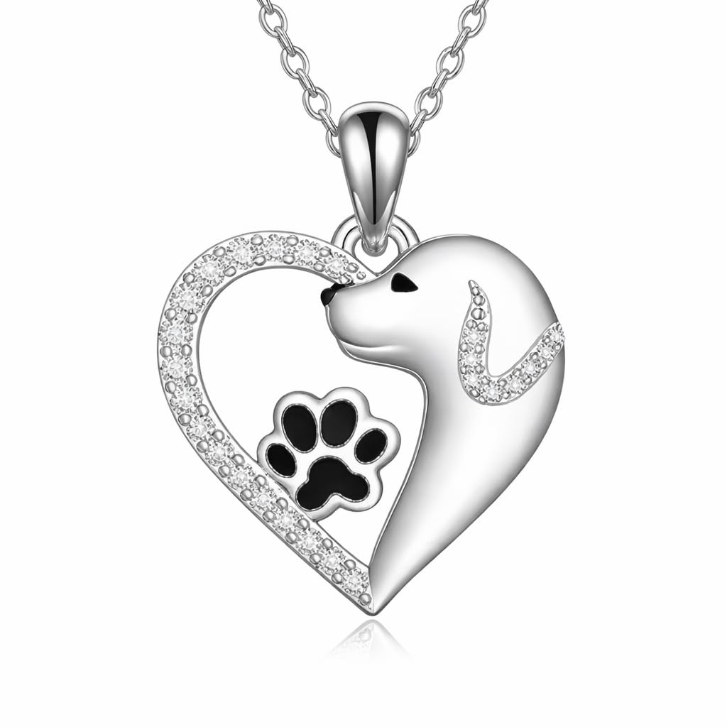 SUPAC Dog Breeds Necklace, German Shepherd, Labrador Retriever, Heart Pendant Necklace, Black and Gold, Crystal Paw Print Design, Dog Lovers Gift