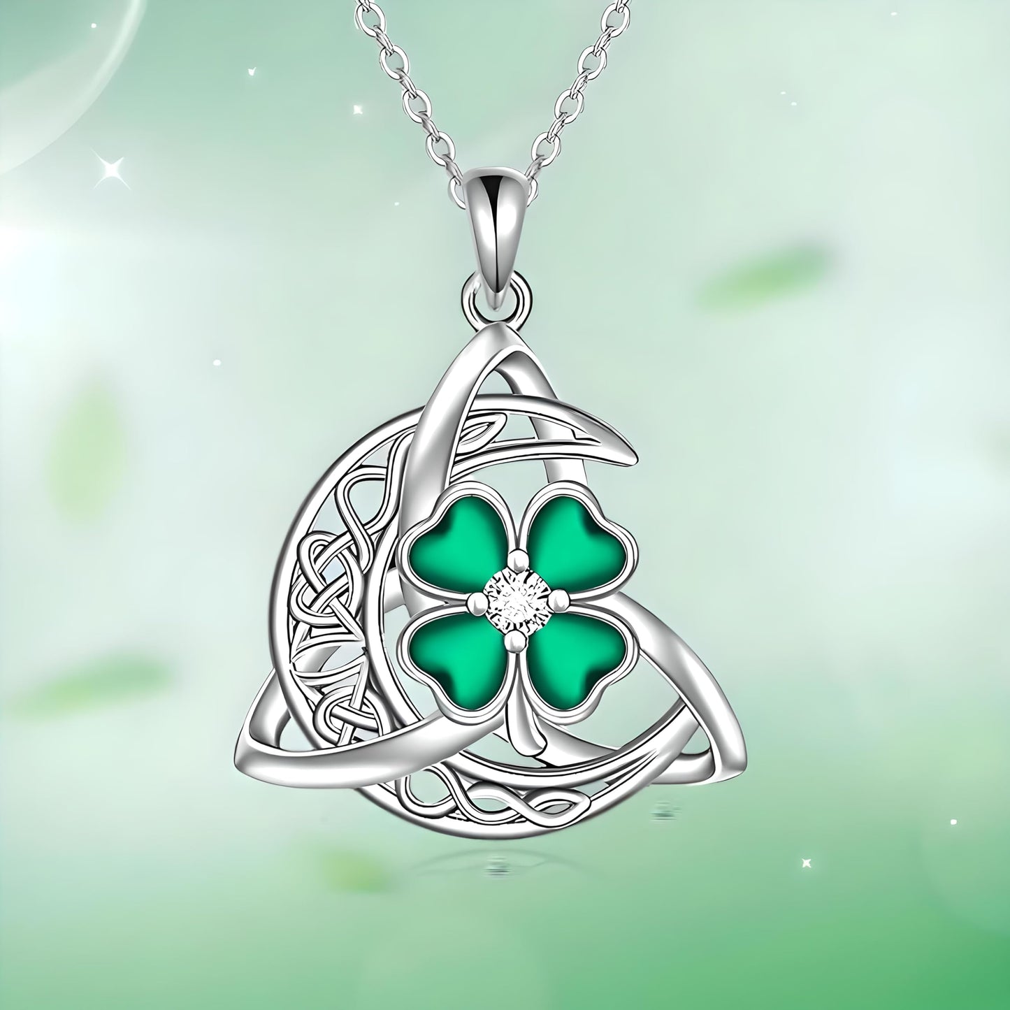 Celtic Trinity Knot Four Leaf Clover Necklace, Sterling Silver, Green Enamel