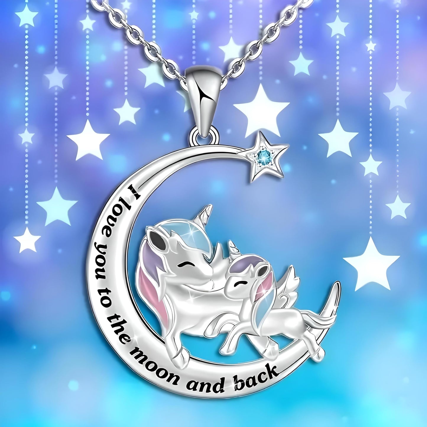 SUPAC I Love You to the Moon and Back Shooting Star Mother-Daughter Unicorn Pendant Necklace, Gift for Birthday or Christmas (Red or Blue Star)