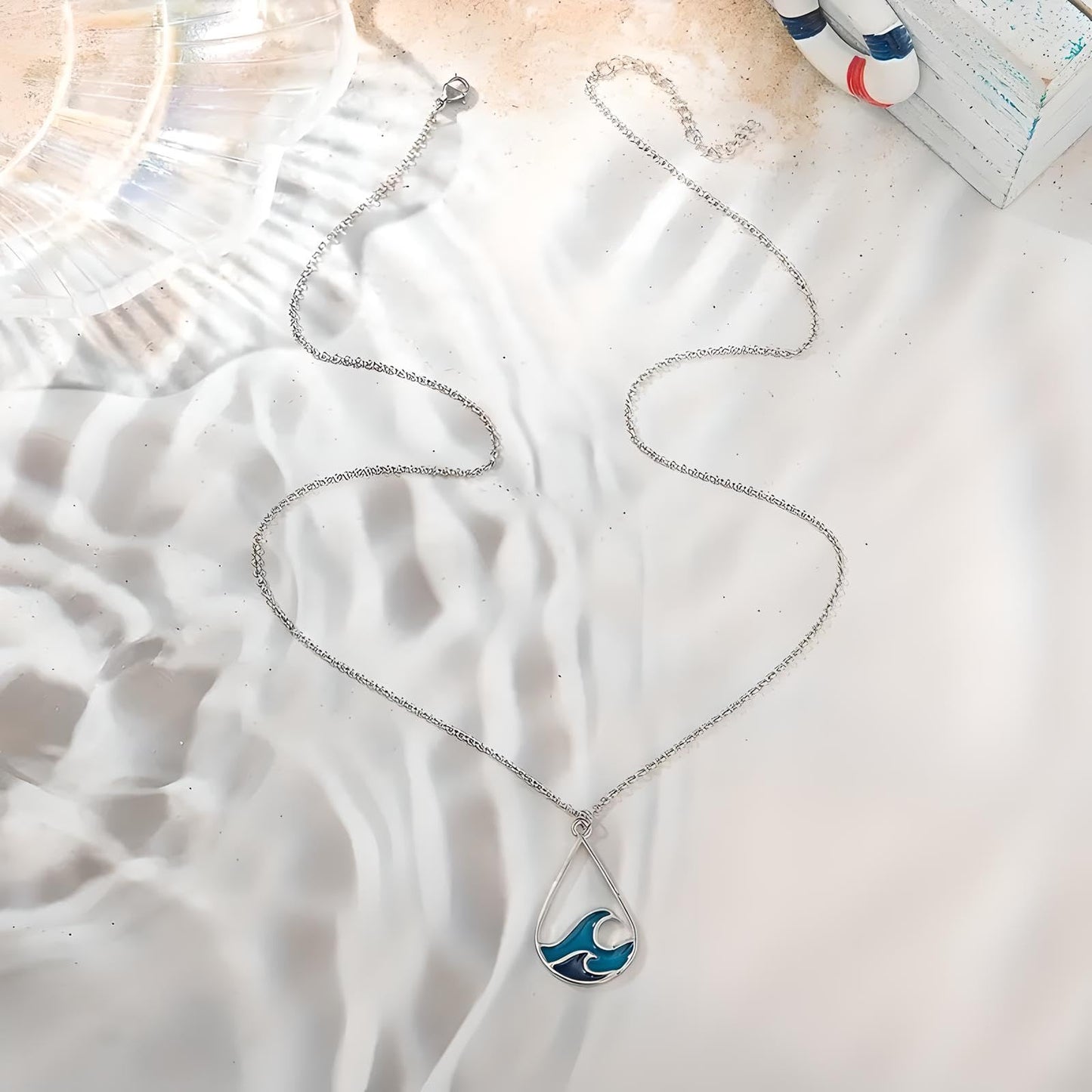 Ocean Wave Pendant Necklace, Silver Chain, Blue Enamel Design, Teardrop Shape