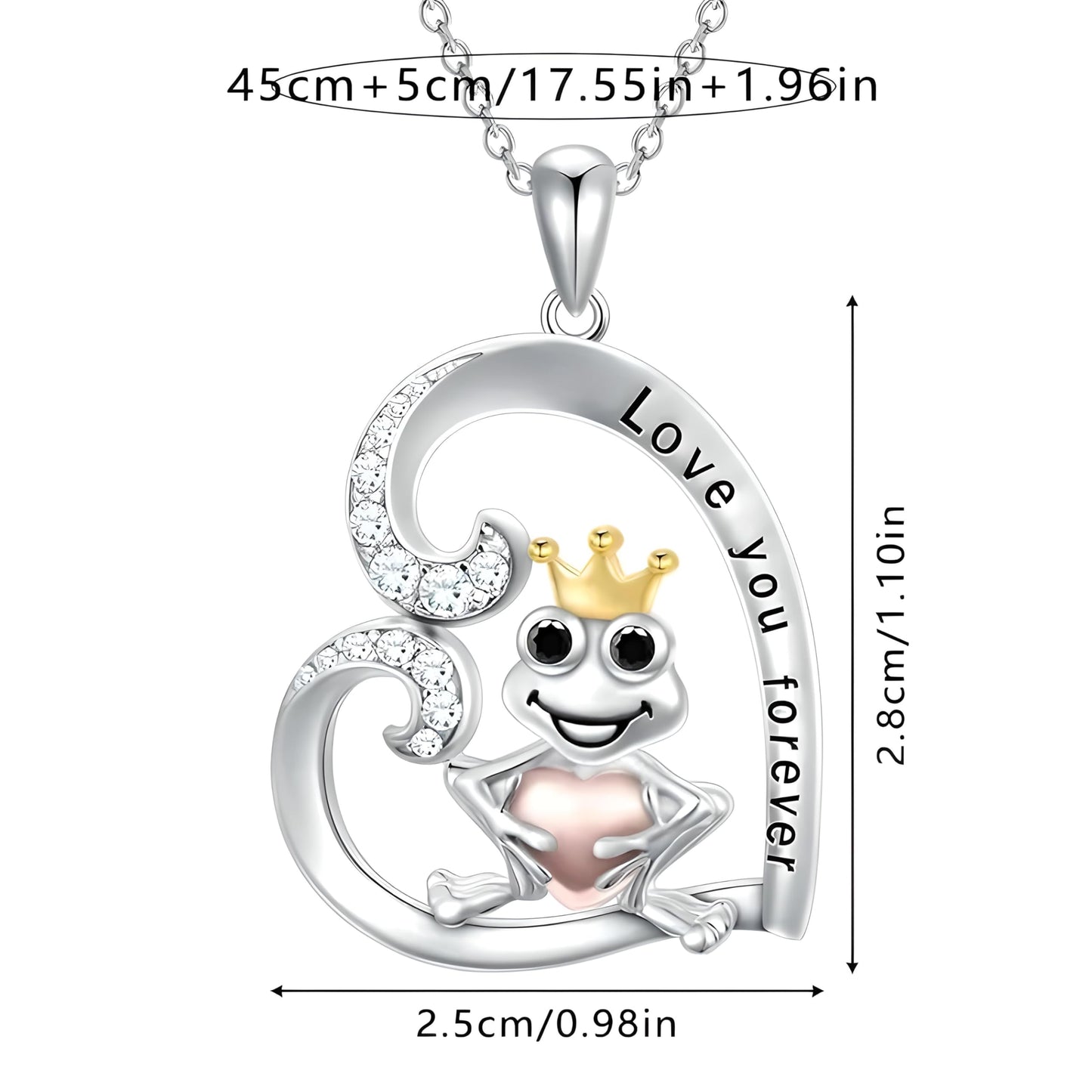 SUPAC Frog Prince Charming Pendant Necklace, Alloy with Plated White K, Resin Gem, Love You Forever Inscription, Animal-Themed Jewelry