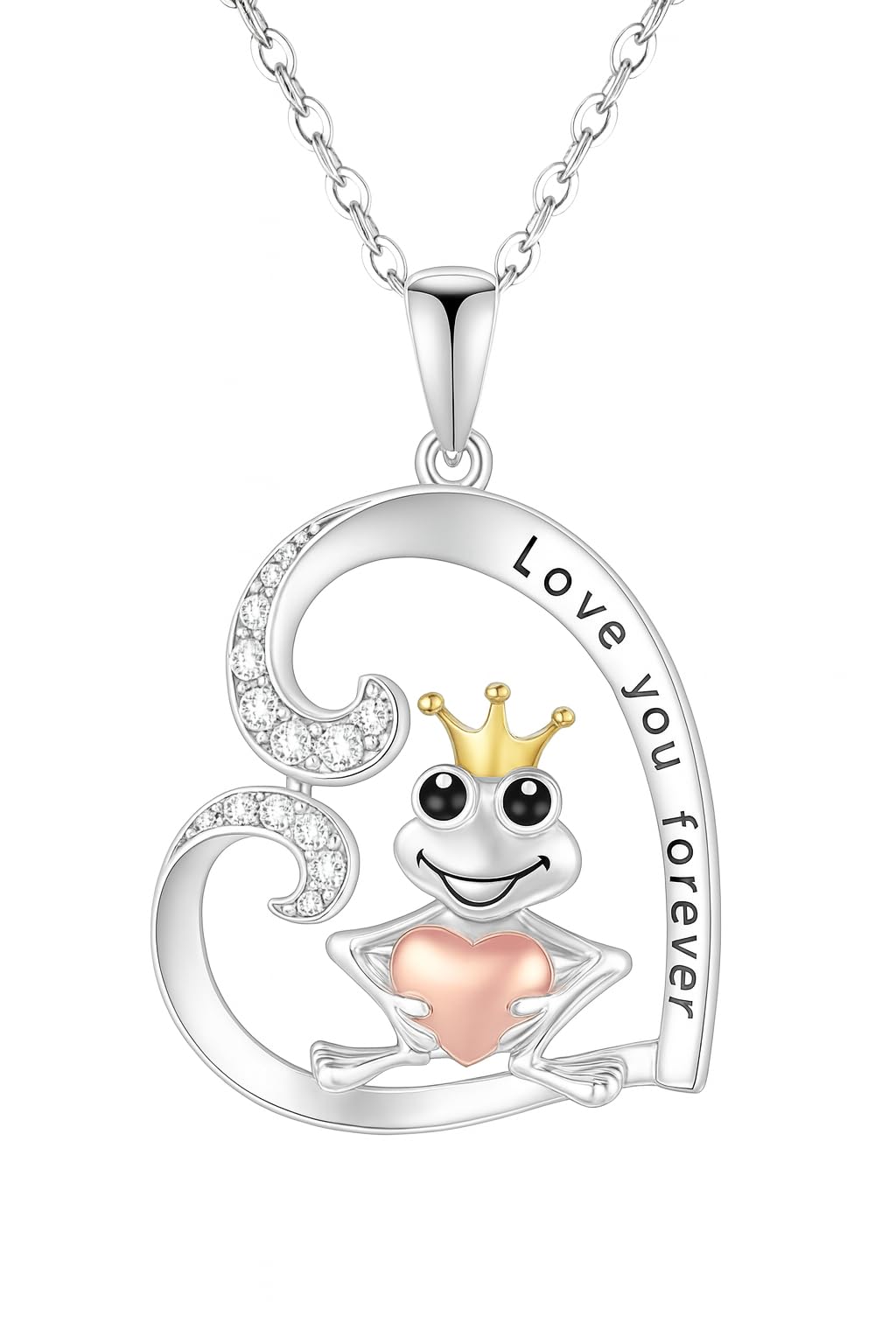 SUPAC Frog Prince Charming Pendant Necklace, Alloy with Plated White K, Resin Gem, Love You Forever Inscription, Animal-Themed Jewelry