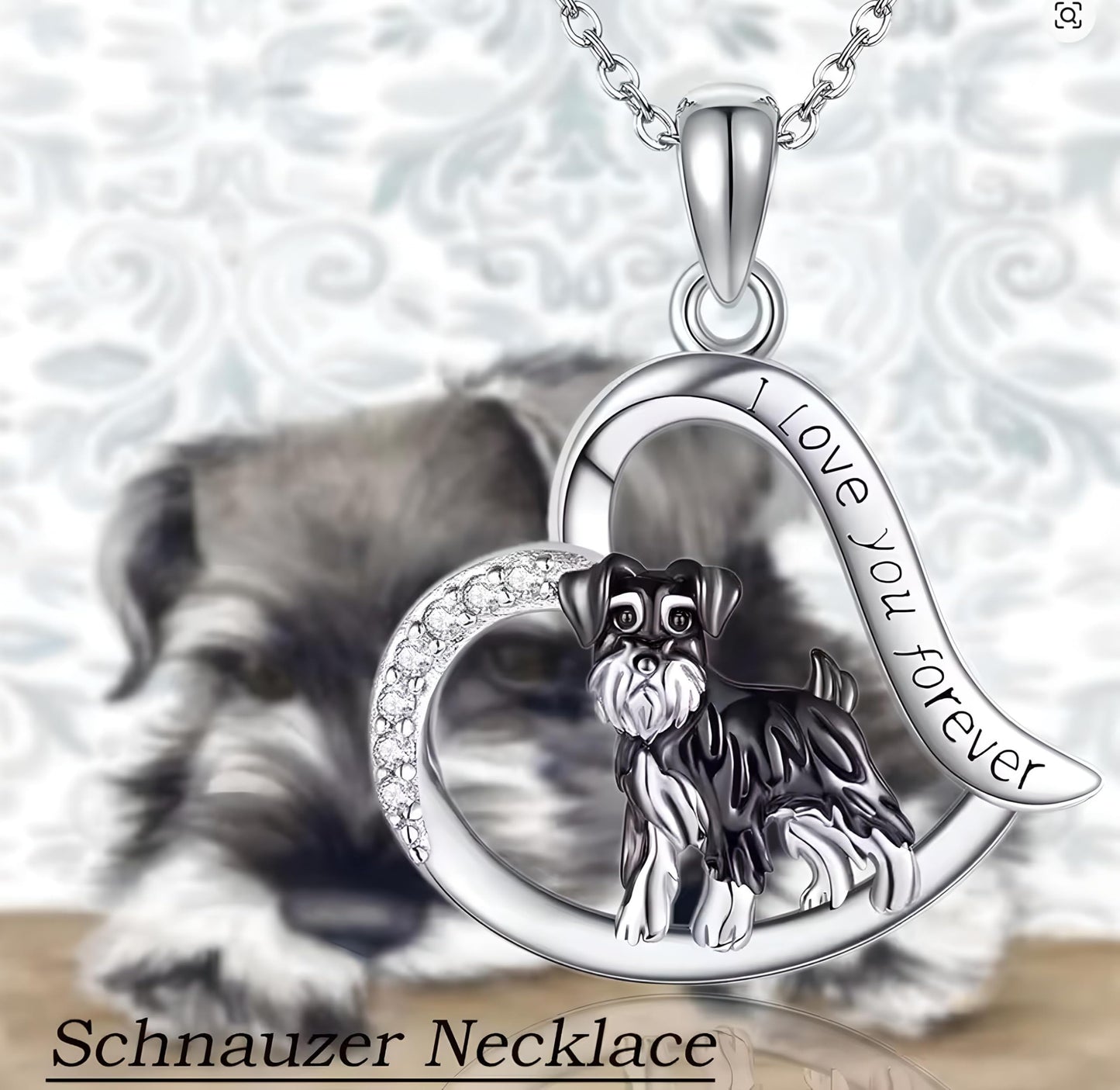 Schnauzer Dog Heart Pendant Necklace, Stainless Steel, Crystal Accent, I Love You Forever, 19.7 inch Chain