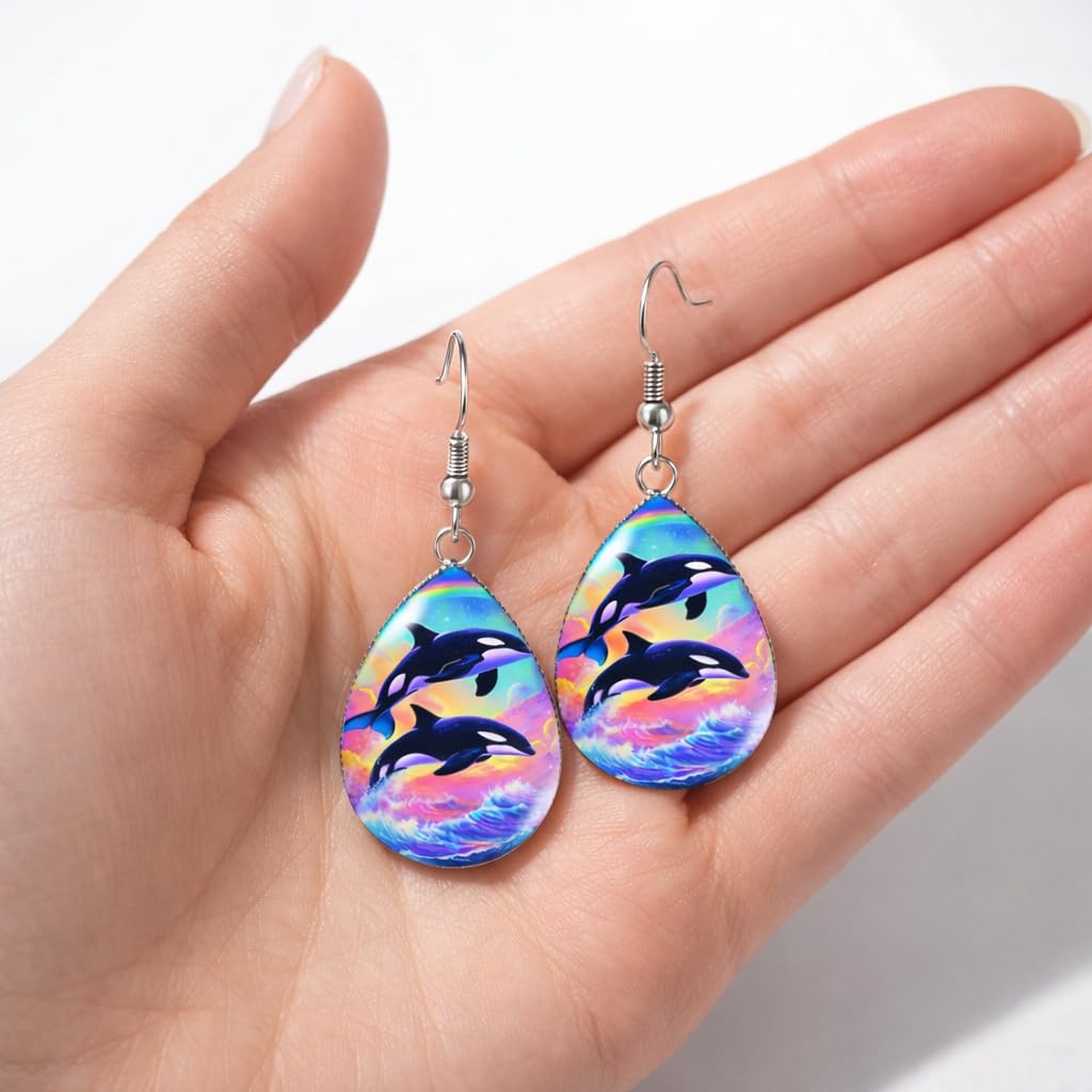 Rainbow Orca Teardrop Dangle Earrings, Colorful Killer Whale Design, Glass Covered, Hypoallergenic Stainless Steel Hooks, 1.77 Inch