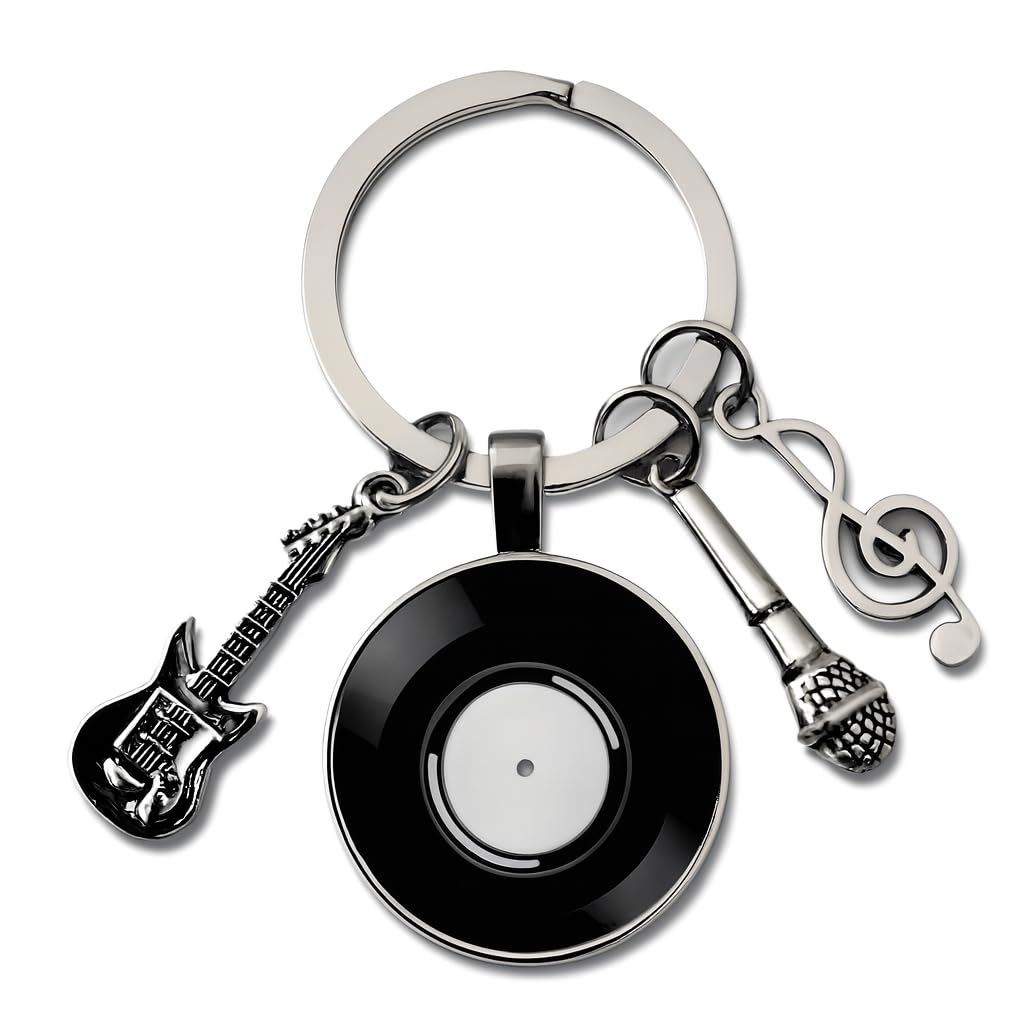 SUPAC Music Lover Keychain with Vinyl Record, Guitar, Microphone and Musical Note Charms, Music Gifts, 5 Different Color Options (White Vinyl)