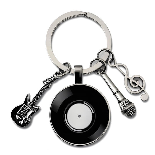 SUPAC Music Lover Keychain with Vinyl Record, Guitar, Microphone and Musical Note Charms, Music Gifts, 5 Different Color Options (White Vinyl)