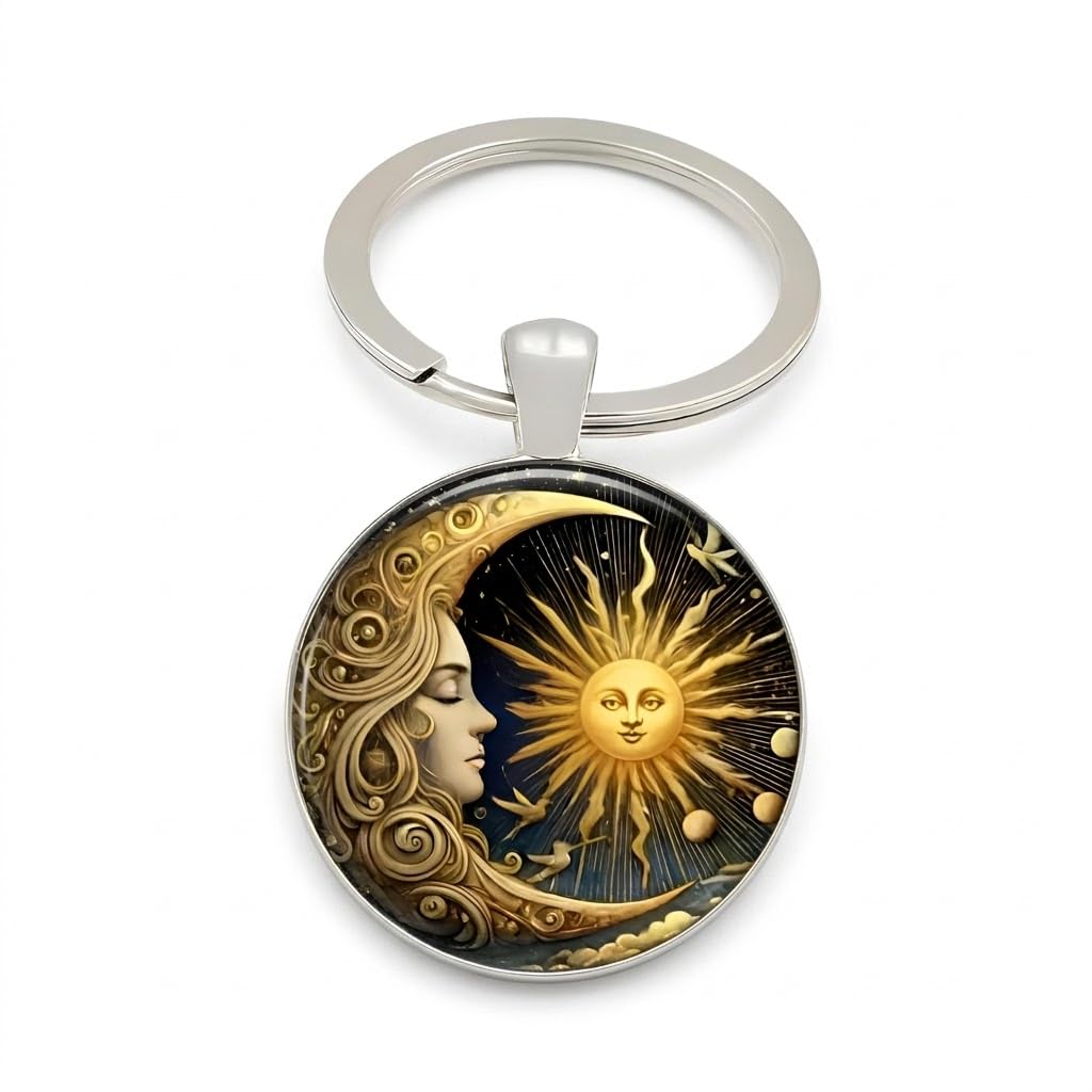 Celestial Sun and Moon Keychain, Art Nouveau Style Metal Key Ring with Mythological Design, 1.18 x 1.09 Inch Round Pendant