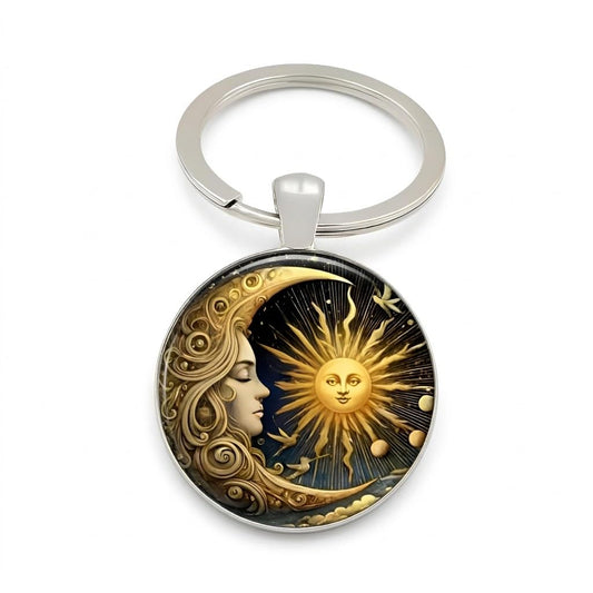 Celestial Sun and Moon Keychain, Art Nouveau Style Metal Key Ring with Mythological Design, 1.18 x 1.09 Inch Round Pendant