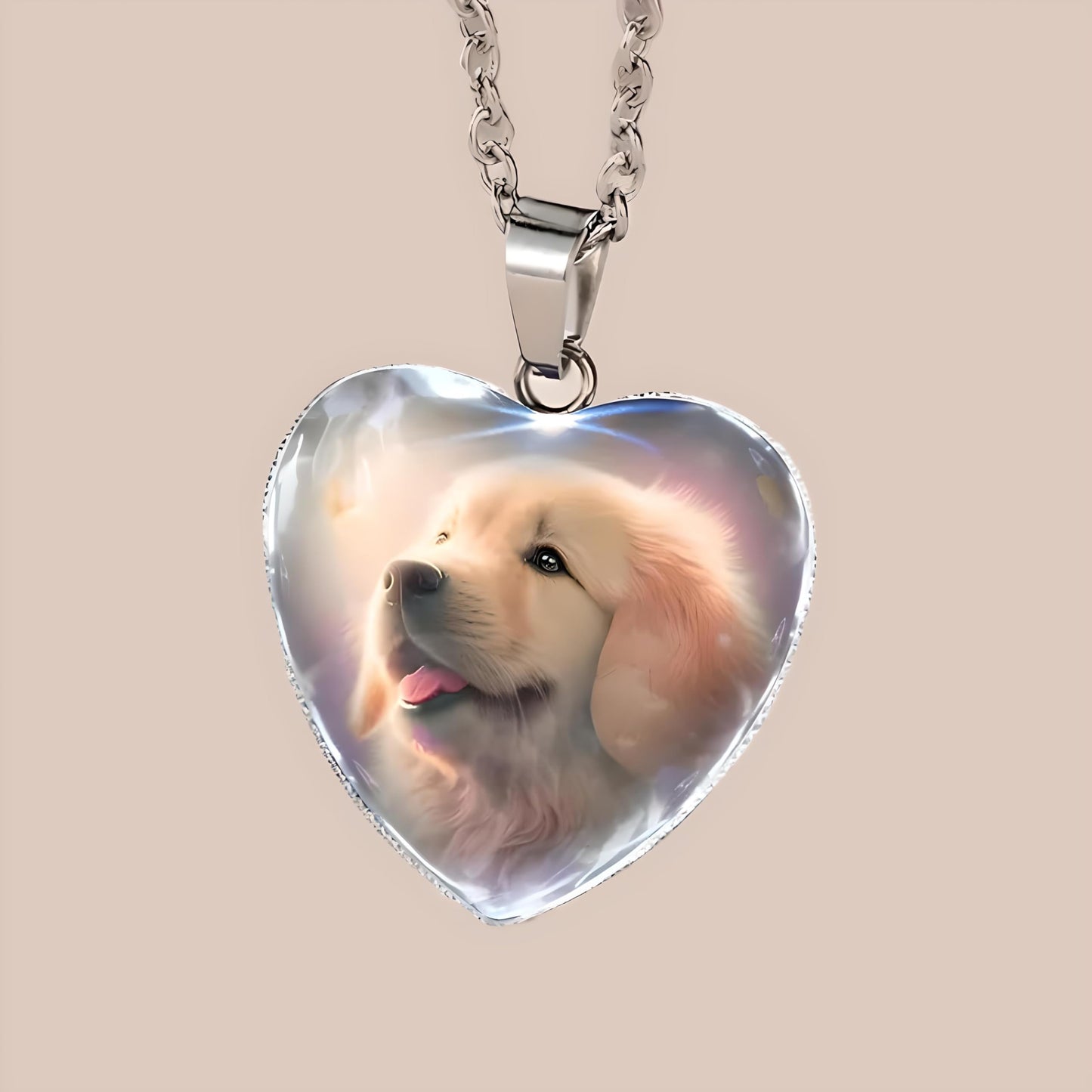 Heart-Shaped Pendant Necklace with Different Animals - Panda, Horse, Deer, Cat, Elephant, Dog Scenic Views, Stainless Steel Necklace with Glass Pendant - Christmas, Holiday, or Birthday Gift (Golden Retriver)