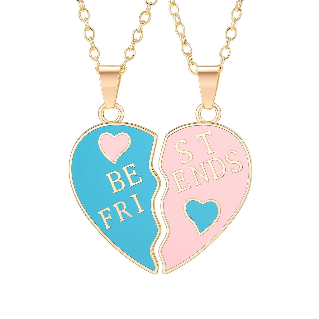 Best Friends Split Heart Pendant Necklaces, Pink and Blue Enamel, 2 Piece Set Gold or Silver Options - Gift for Best Friends