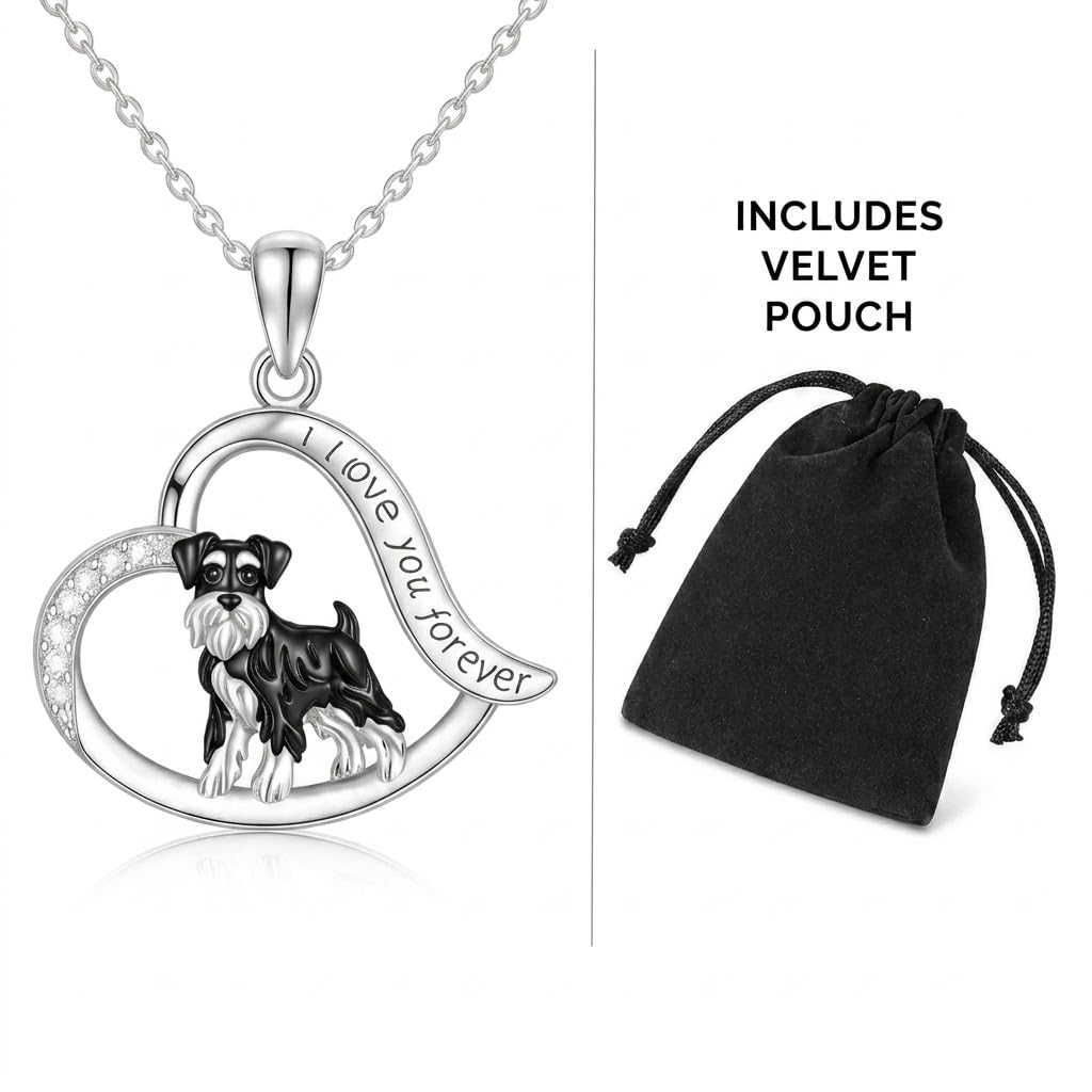 SUPAC Schnauzer Dog Heart Pendant Necklace, Stainless Steel, Crystal Accent, I Love You Forever, 19.7 inch Chain