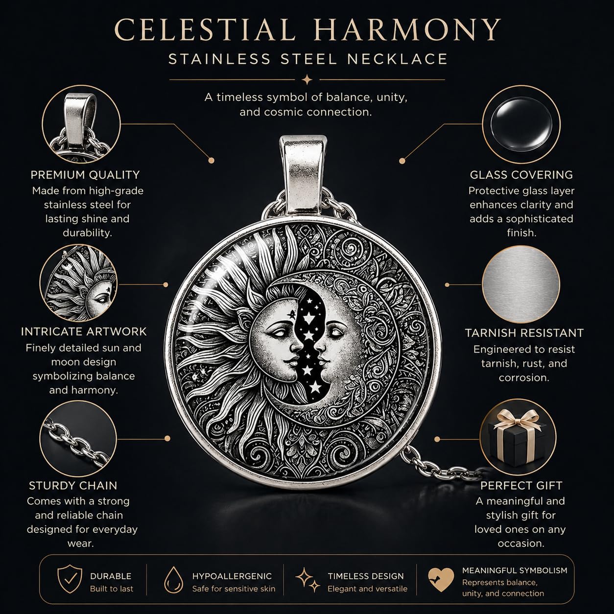 1pc Stunning Round Pendant Necklace - Unique Sun & Moon Pattern, Oil Painting Style Glass Mosaic, Alloy Construction, Trendy Sweater Chain, Fashionable Gift for Women - Christmas or Birthday Gift