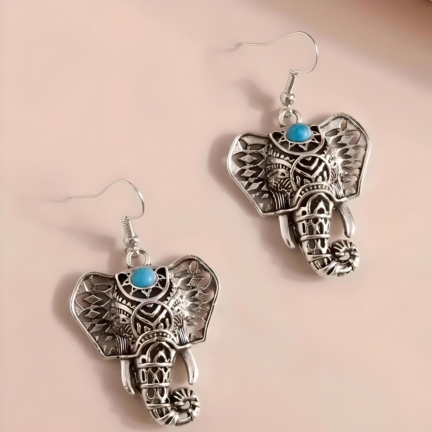 SUPAC Elephant Necklace, Silver Design - Elephant Lovers' Gift - Adjustable Vintage Ring with Turquoise Inlay – Unisex Boho Style Alloy Jewelry for Everyday & Party (Earrings)