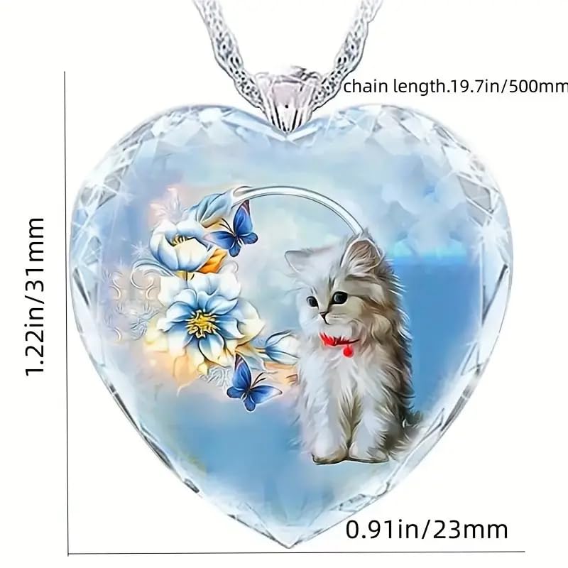SUPAC Heart-Shaped Glass Cat Pendant Necklace with Floral and Butterfly Designs