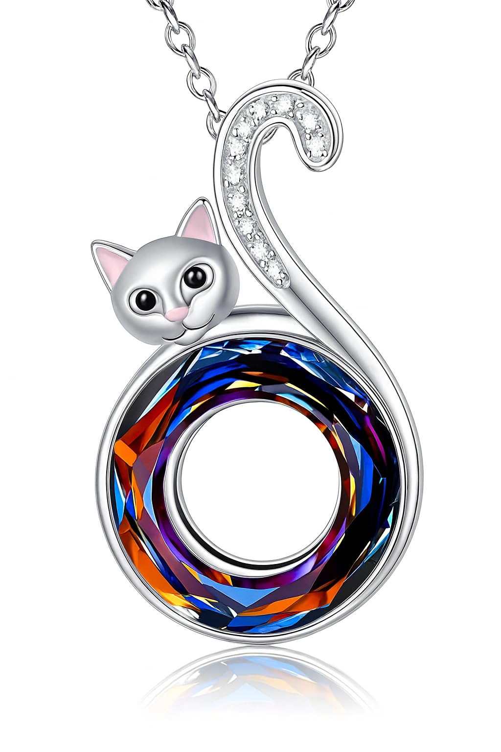 Stainless Steel Cat Circle Necklace, Crystal Design - Cat Jewelry Gift