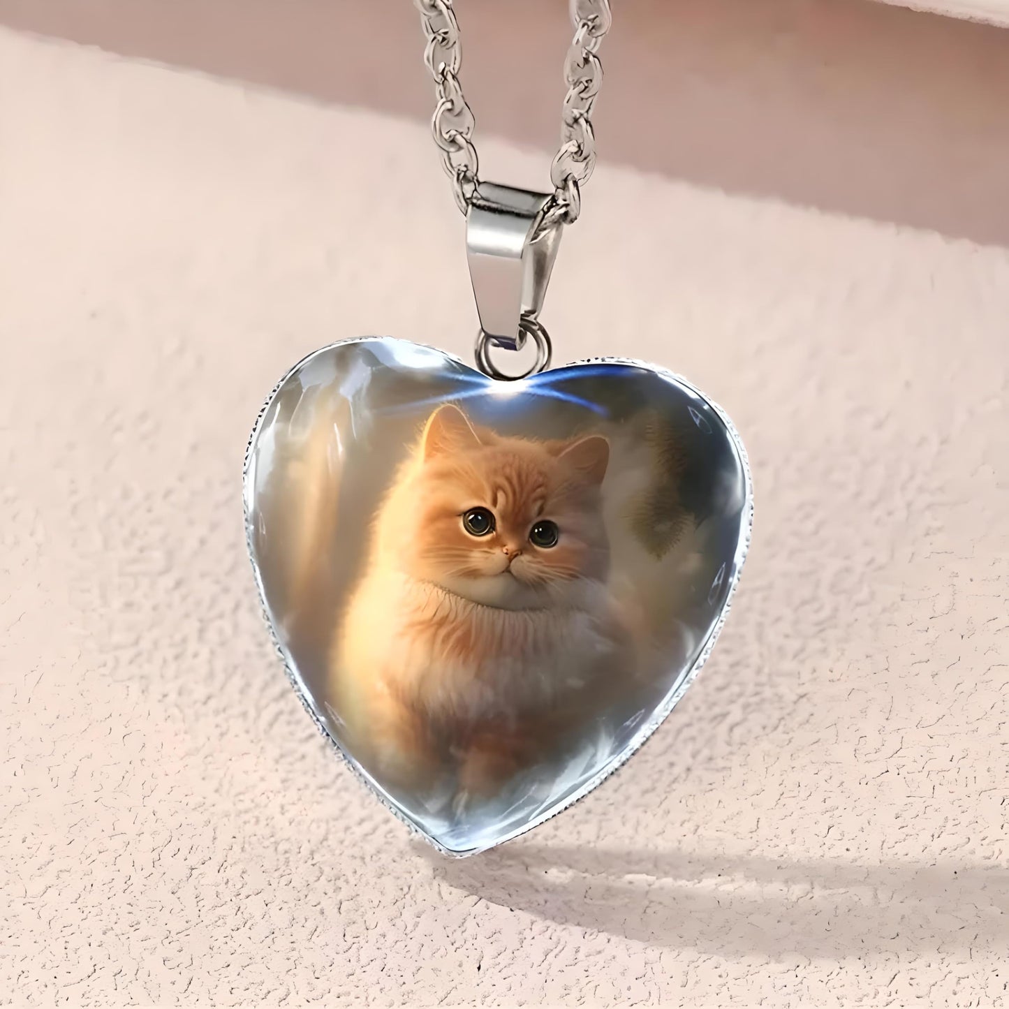 Heart-Shaped Pendant Necklace with Different Animals - Panda, Horse, Deer, Cat, Elephant, Dog Scenic Views, Stainless Steel Necklace with Glass Pendant - Christmas, Holiday, or Birthday Gift (Orange Cat)