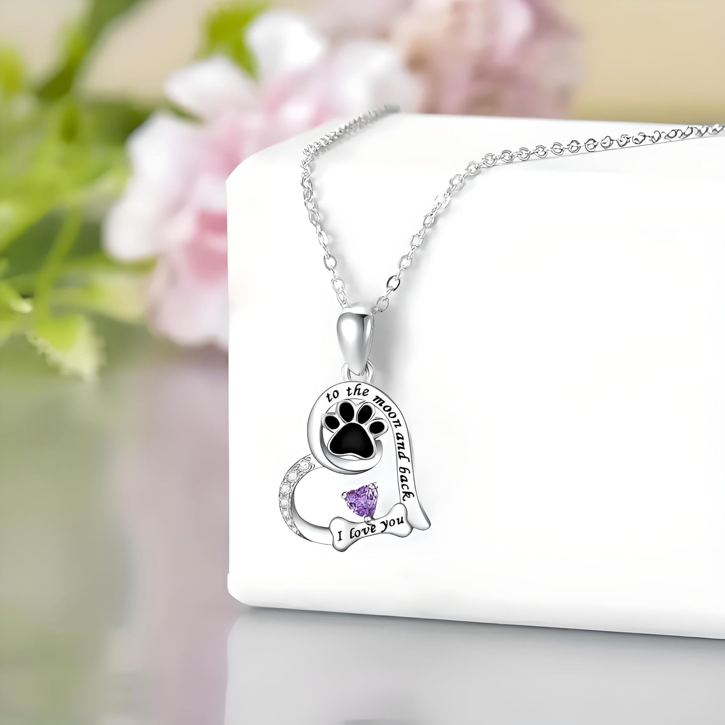 SUPAC Dog Paw Love Pendant Necklace, to the moon and back, I love you- Jewlery Gift for Birthdays or Christmas. Multiple Color Options of Simulated Diamond