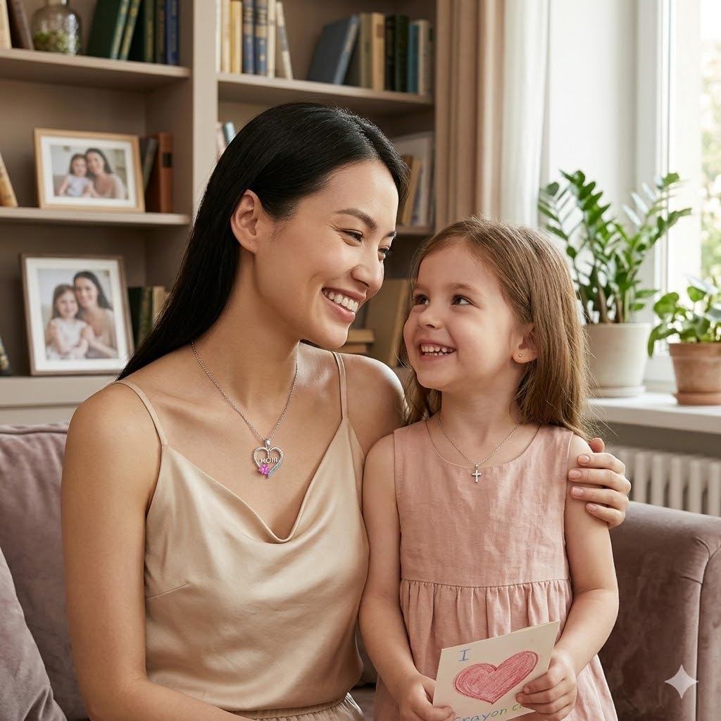 SUPAC Heart Mom Necklace, Sterling Silver Crystal Pendant with Pink Heart Stone, I Love You to the Moon and Back - Mother's Day Gift