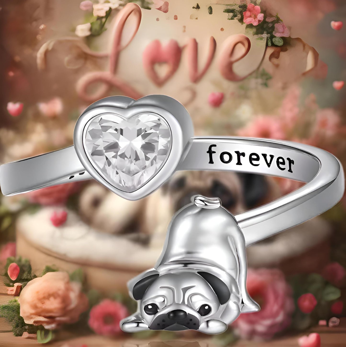 SUPAC German Shepherd, Yorkie, Pug Dog Paw Adjustable Ring, Sterling Silver, Paw Print Design with Crystal Accents - Christmas, Birthday, or Party Ring