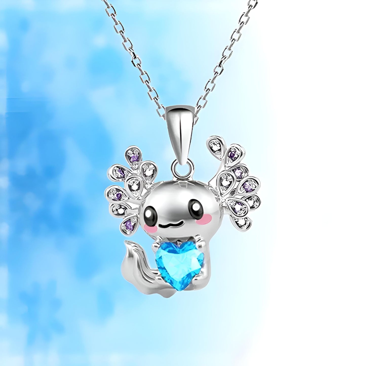 SUPAC Cute Axolotl Pendant Necklace, 19.7 inch Chain, Crystal Heart Design, 3 Colors - Axolotl Gift