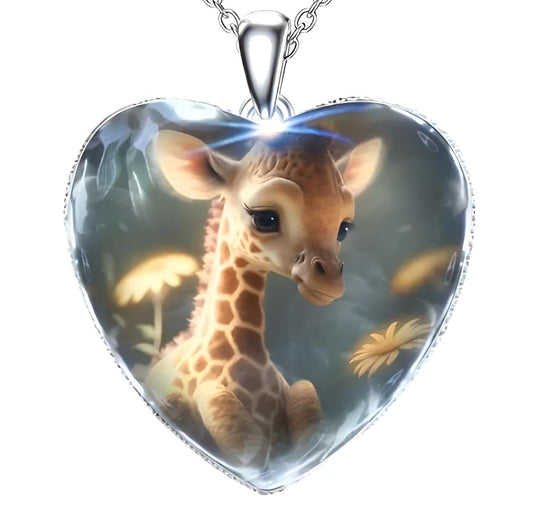 Cute Exquisite Giraffe Animal Detail Heart Pendant Necklace, Stainless Steel Chain- Christmas, Birthday, or Party Gift For Women