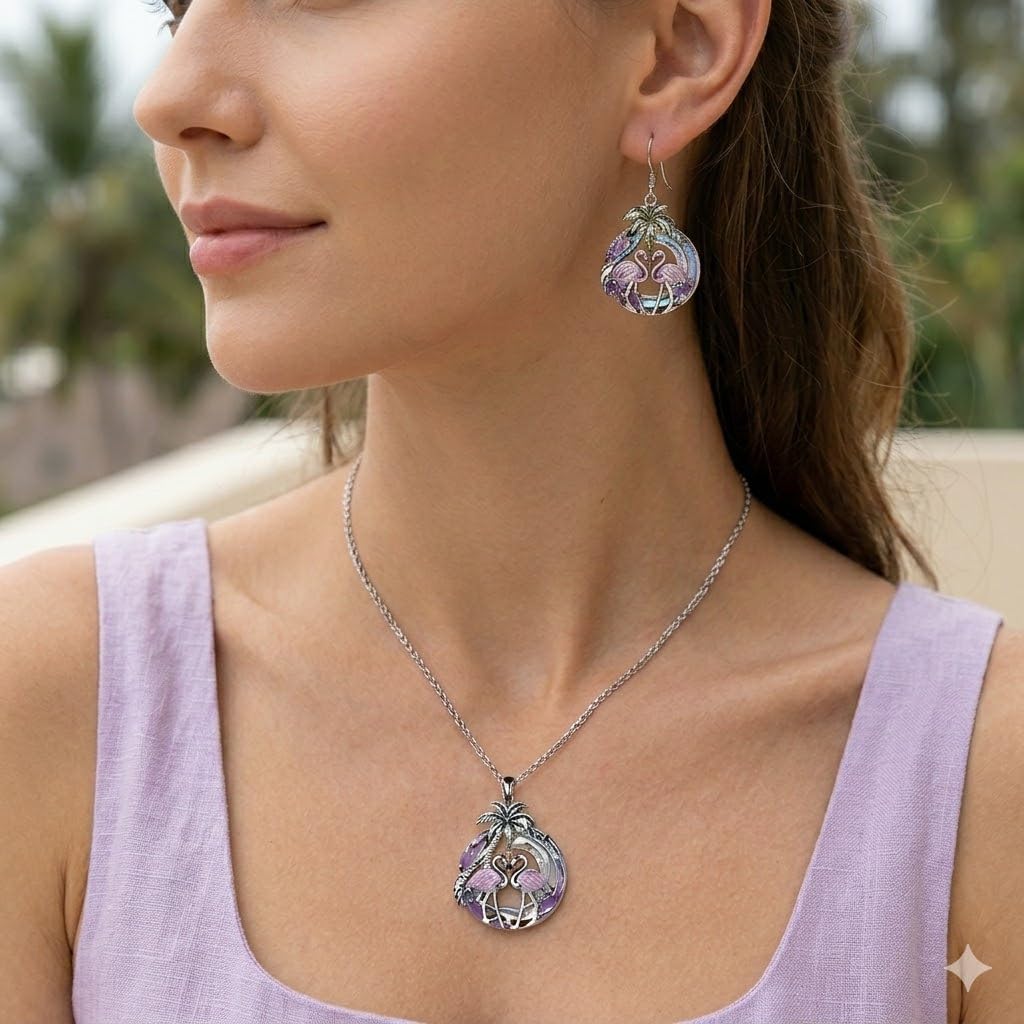 SUPAC Tropical Flamingo Jewelry Set with Necklace, Bracelet, Earrings and Keychain, Pink and Purple Crystal Beach Design, Silver