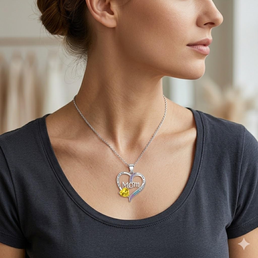 SUPAC Heart Mom Necklace, Sterling Silver Crystal Pendant with Pink Heart Stone, I Love You to the Moon and Back - Mother's Day Gift
