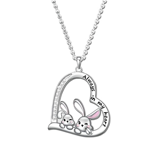 SUPAC Pair of Bunnies & Heart Pendant Necklace Always in My Heart - White Golden Plated Alloy with Resin Accents, Birthday or Friendship Gift, 2+ Options