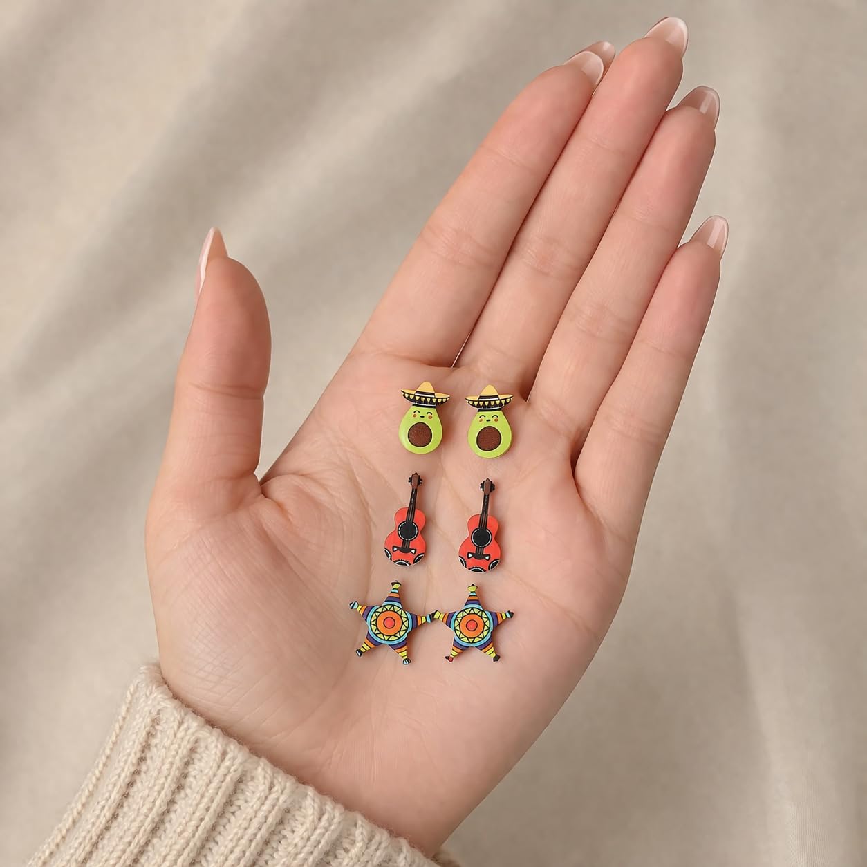Cute Taco Stud Earrings Set, 3 Pairs of Mexican Cinco de Mayo Food Jewelry, Different Facial Expressions - 0.59 inch
