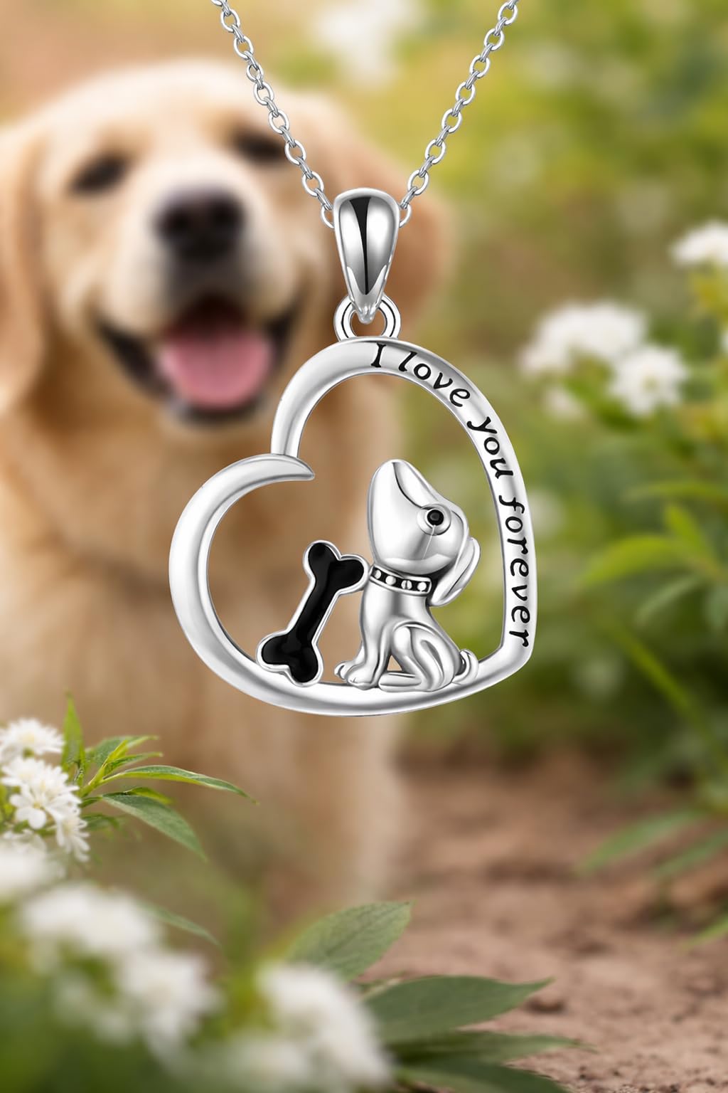 SUPAC Dog Breeds Necklace, German Shepherd, Labrador Retriever, Heart Pendant Necklace, Black and Gold, Crystal Paw Print Design, Dog Lovers Gift