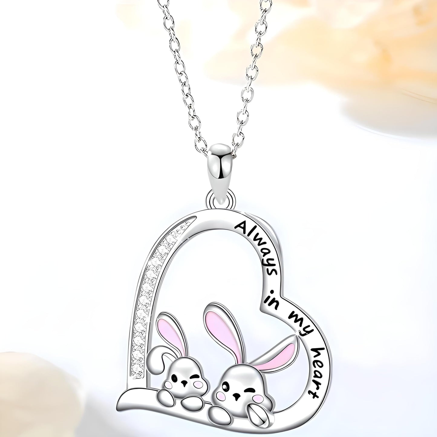 SUPAC Pair of Bunnies & Heart Pendant Necklace Always in My Heart - White Golden Plated Alloy with Resin Accents, Birthday or Friendship Gift, 3+ Options
