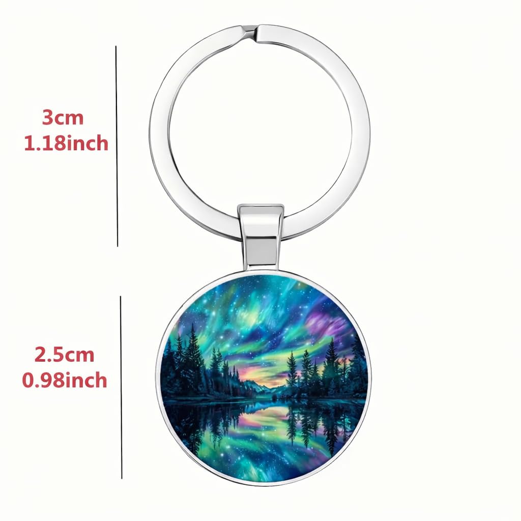 SUPAC Mountain Sunset Stained Glass Art Keychain, Nature Scene Design, Round Pendant (Aurora Borealis)